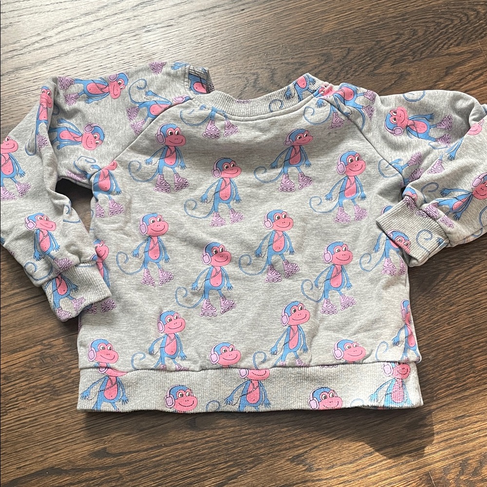 HUGO LOVES TIKI Gray Sweatshirt with Pink and Blue Monkey Print